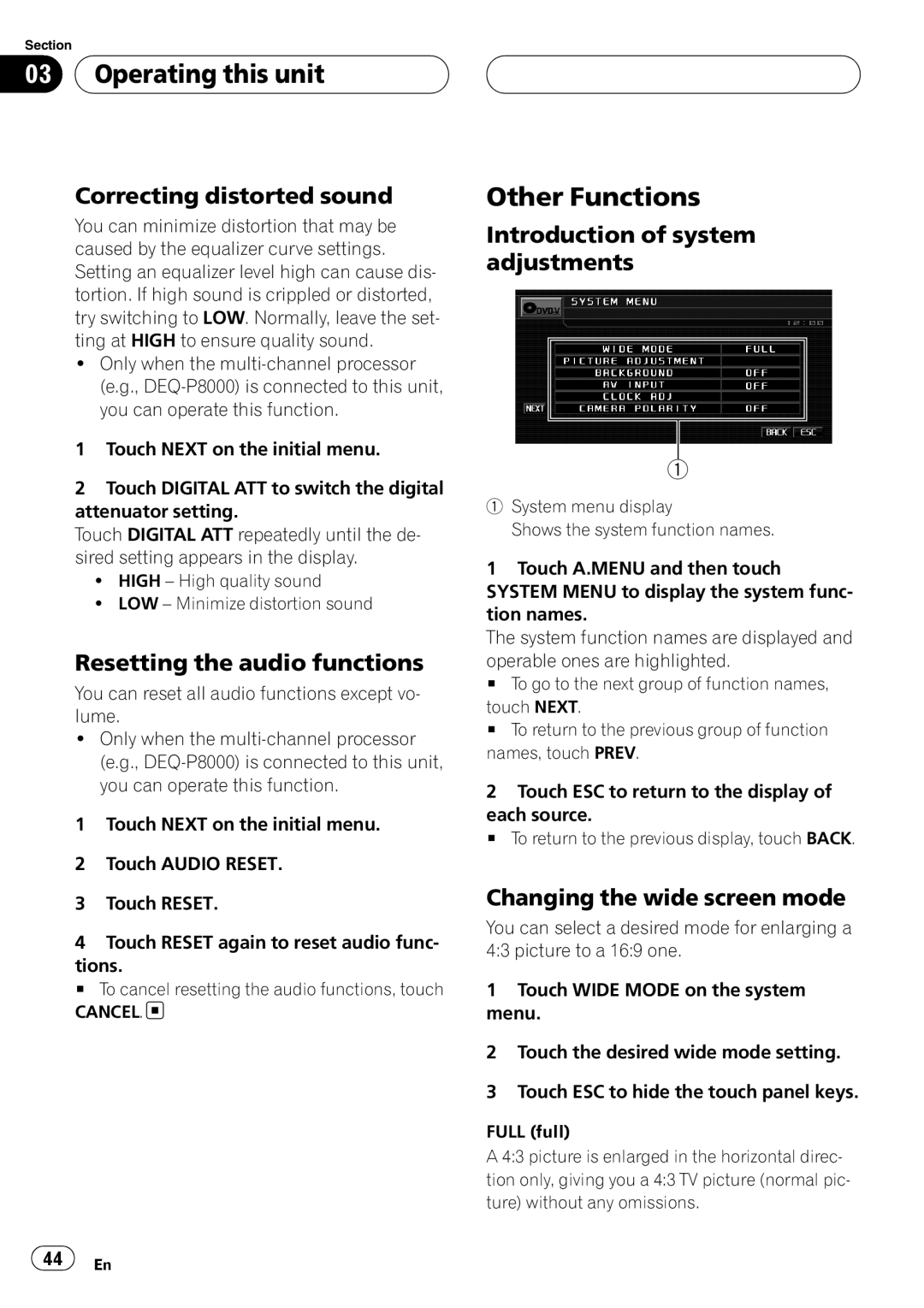 Pioneer AVH-P5900D operation manual Other Functions, Correcting distorted sound, Resetting the audio functions 