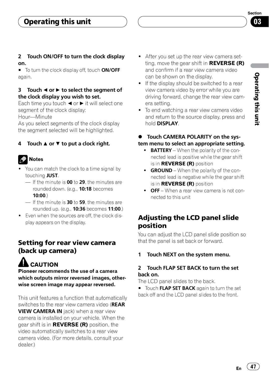 Pioneer AVH-P5900D operation manual Setting for rear view camera back up camera, Adjusting the LCD panel slide position 