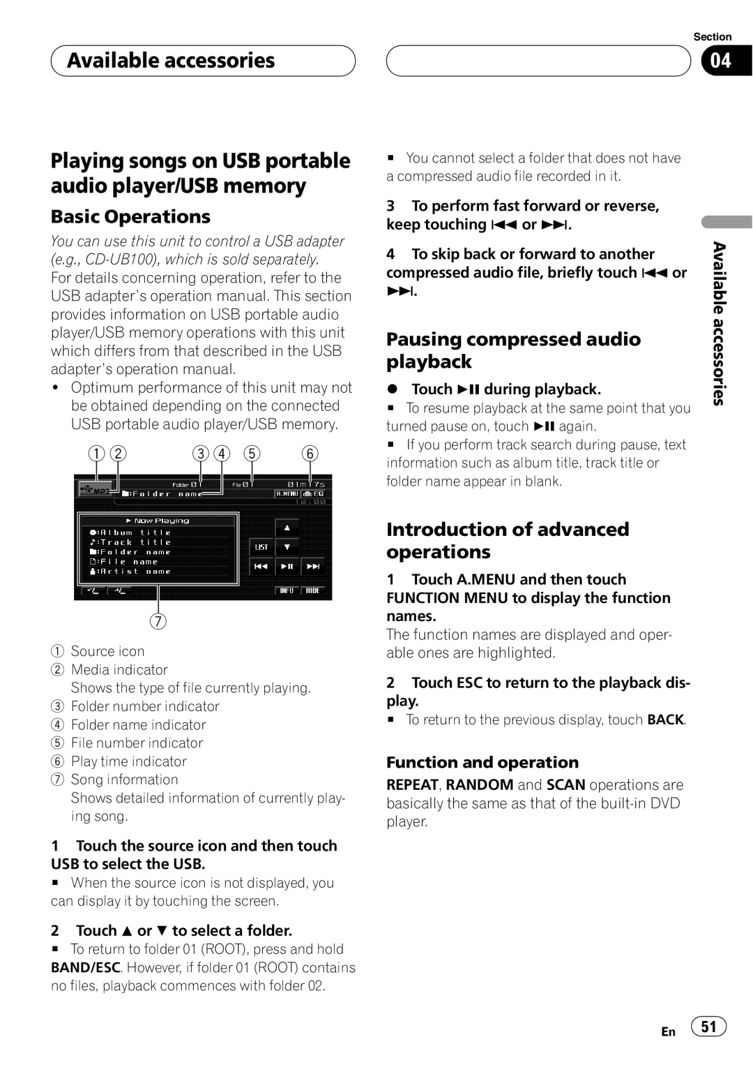 Pioneer AVH-P5900D Pausing compressed audio, Playback, Function and operation, Compressed audio file, briefly touch o or 