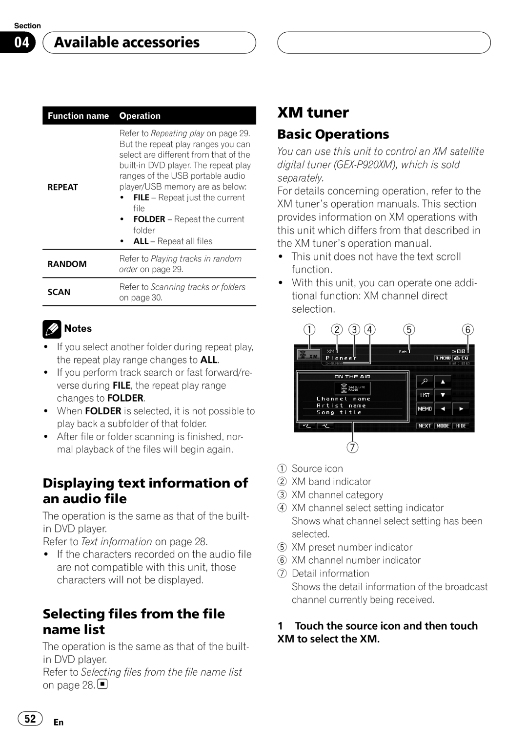 Pioneer AVH-P5900D operation manual Available accessories, XM tuner, Displaying text information of an audio file 