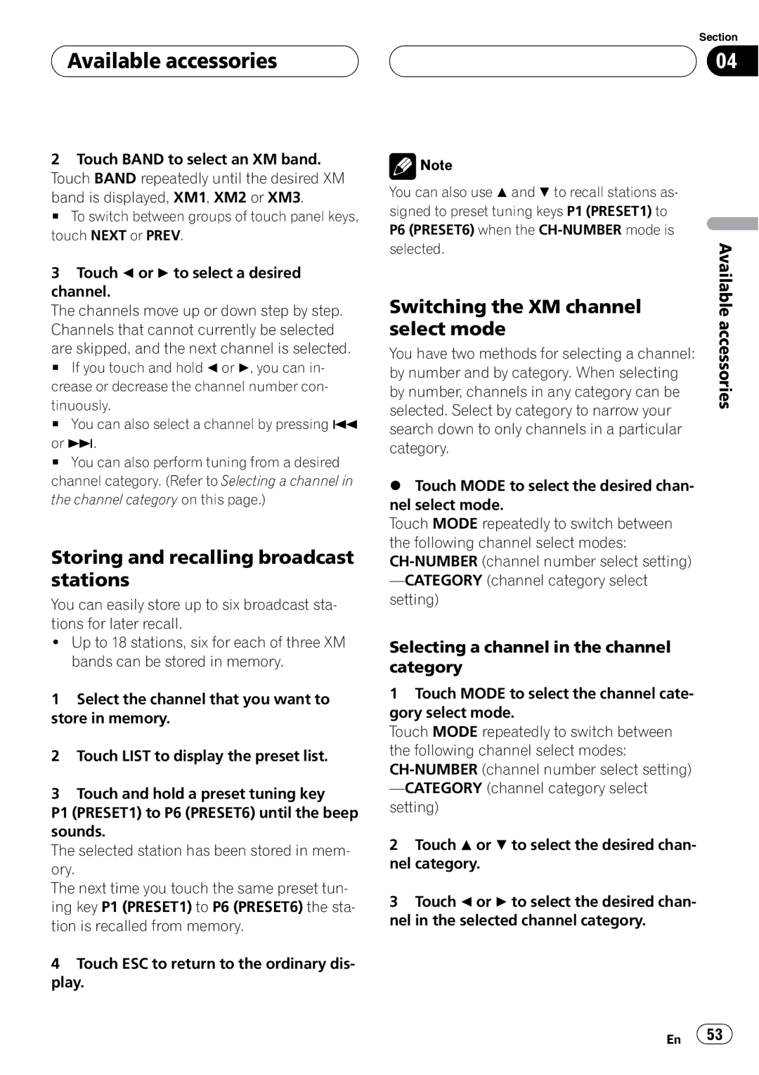 Pioneer AVH-P5900D operation manual Storing and recalling broadcast stations, Switching the XM channel, Select mode 