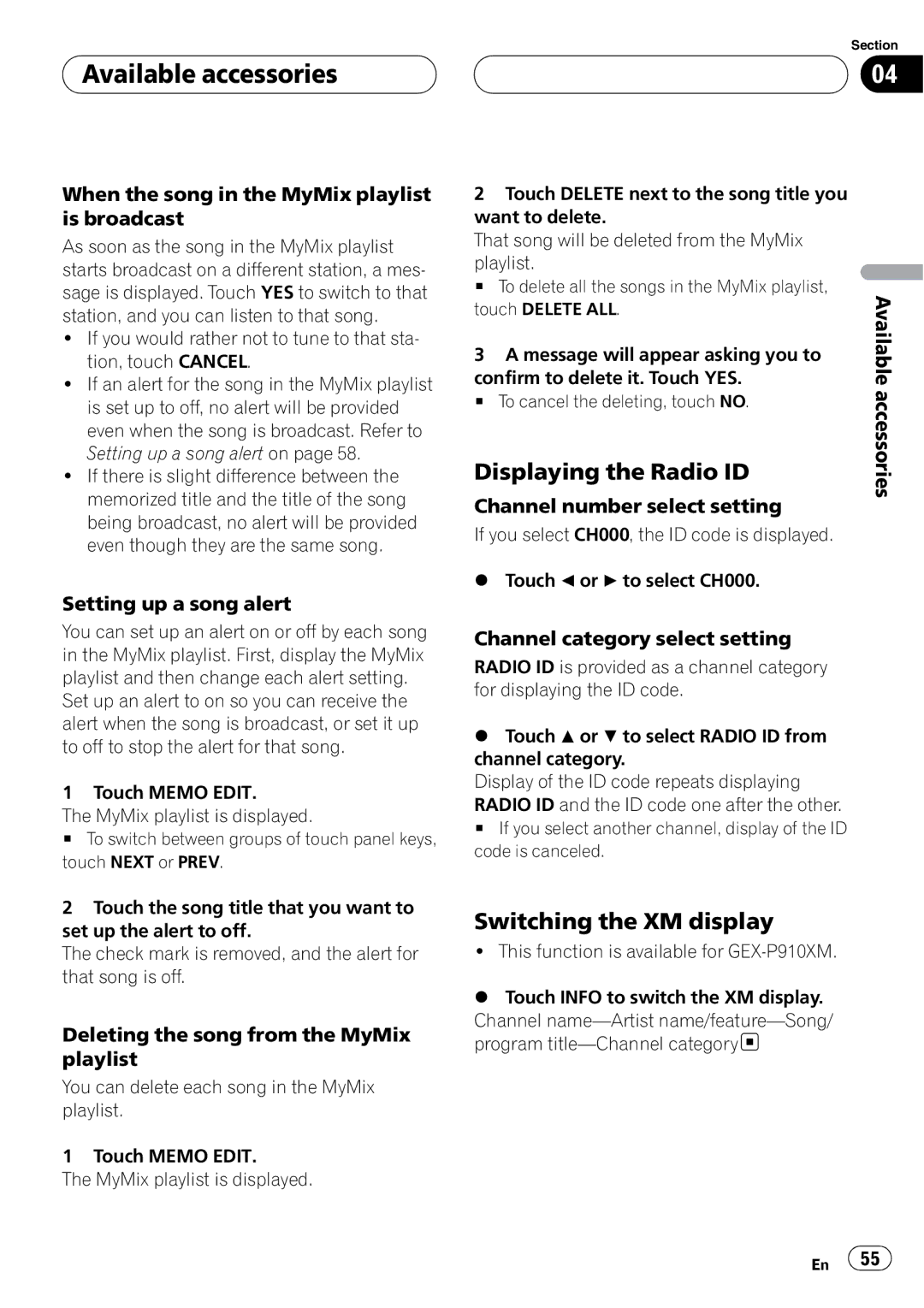 Pioneer AVH-P5900D operation manual Displaying the Radio ID, Switching the XM display 