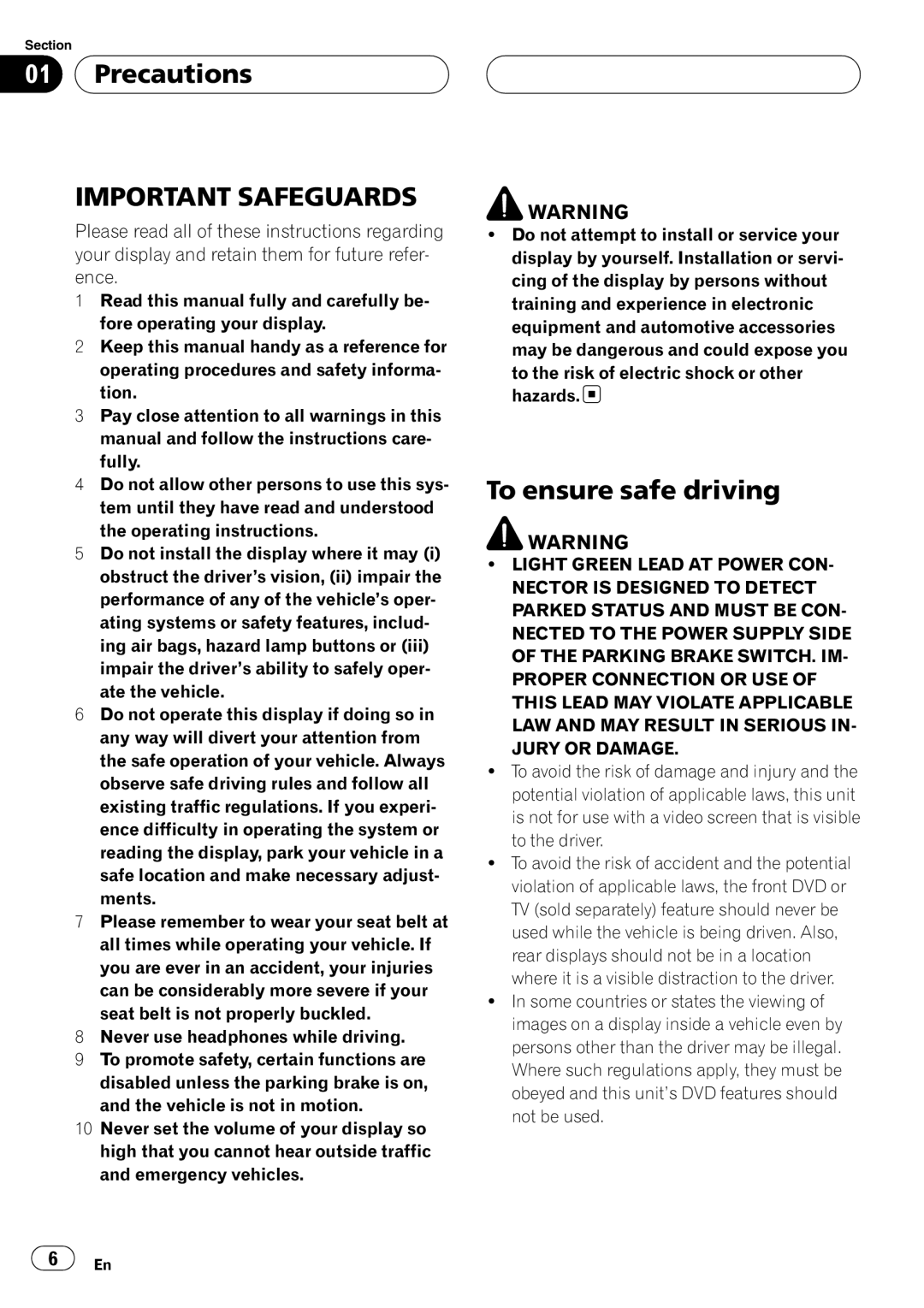 Pioneer AVH-P5900D operation manual Precautions, To ensure safe driving 