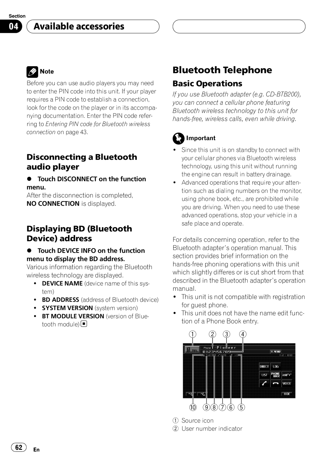 Pioneer AVH-P5900D Bluetooth Telephone, Disconnecting a Bluetooth audio player, Displaying BD Bluetooth Device address 