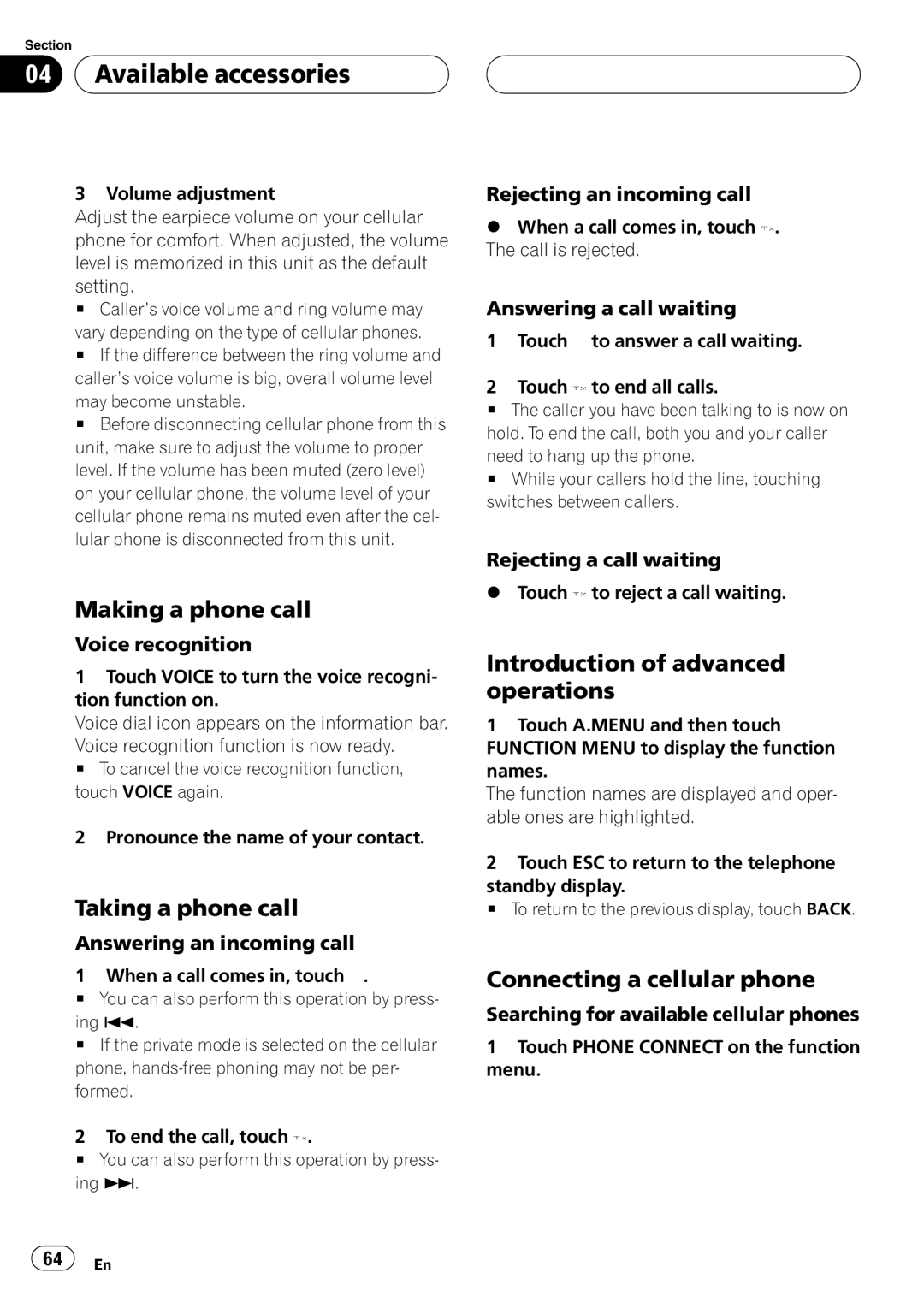 Pioneer AVH-P5900D operation manual Making a phone call, Taking a phone call, Connecting a cellular phone 