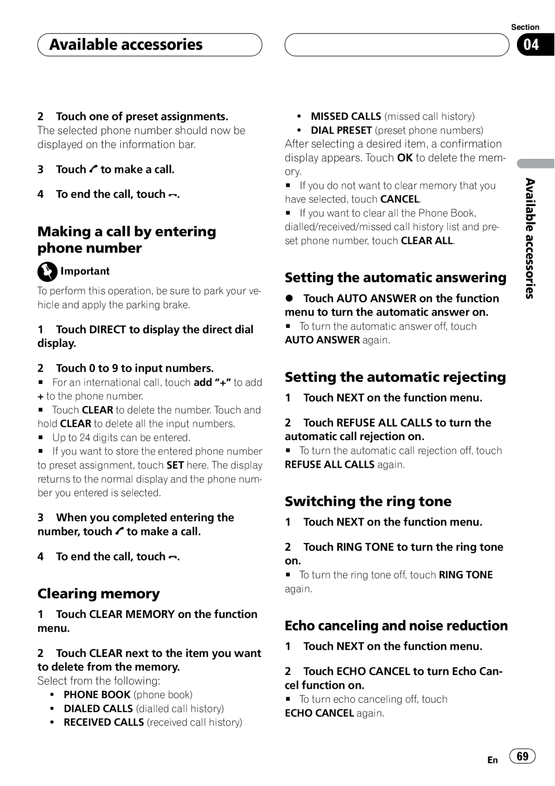 Pioneer AVH-P5900D Making a call by entering phone number, Clearing memory, Setting the automatic answering 
