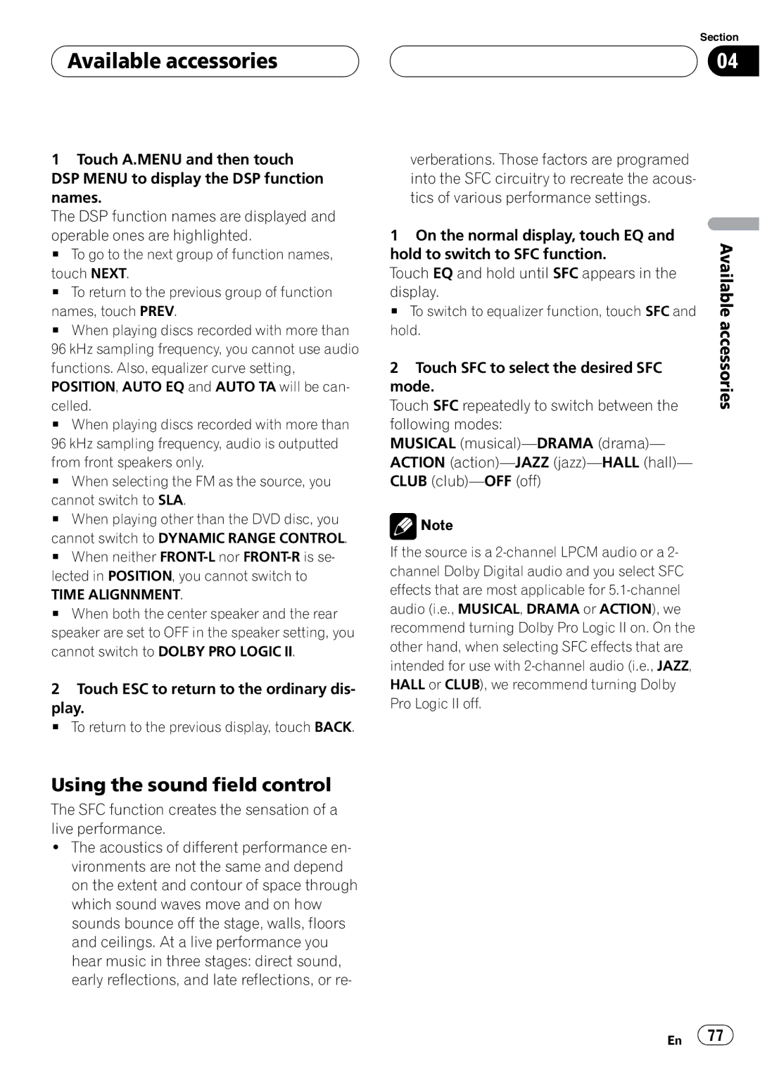 Pioneer AVH-P5900D operation manual Using the sound field control, Time Alignnment, Hold 