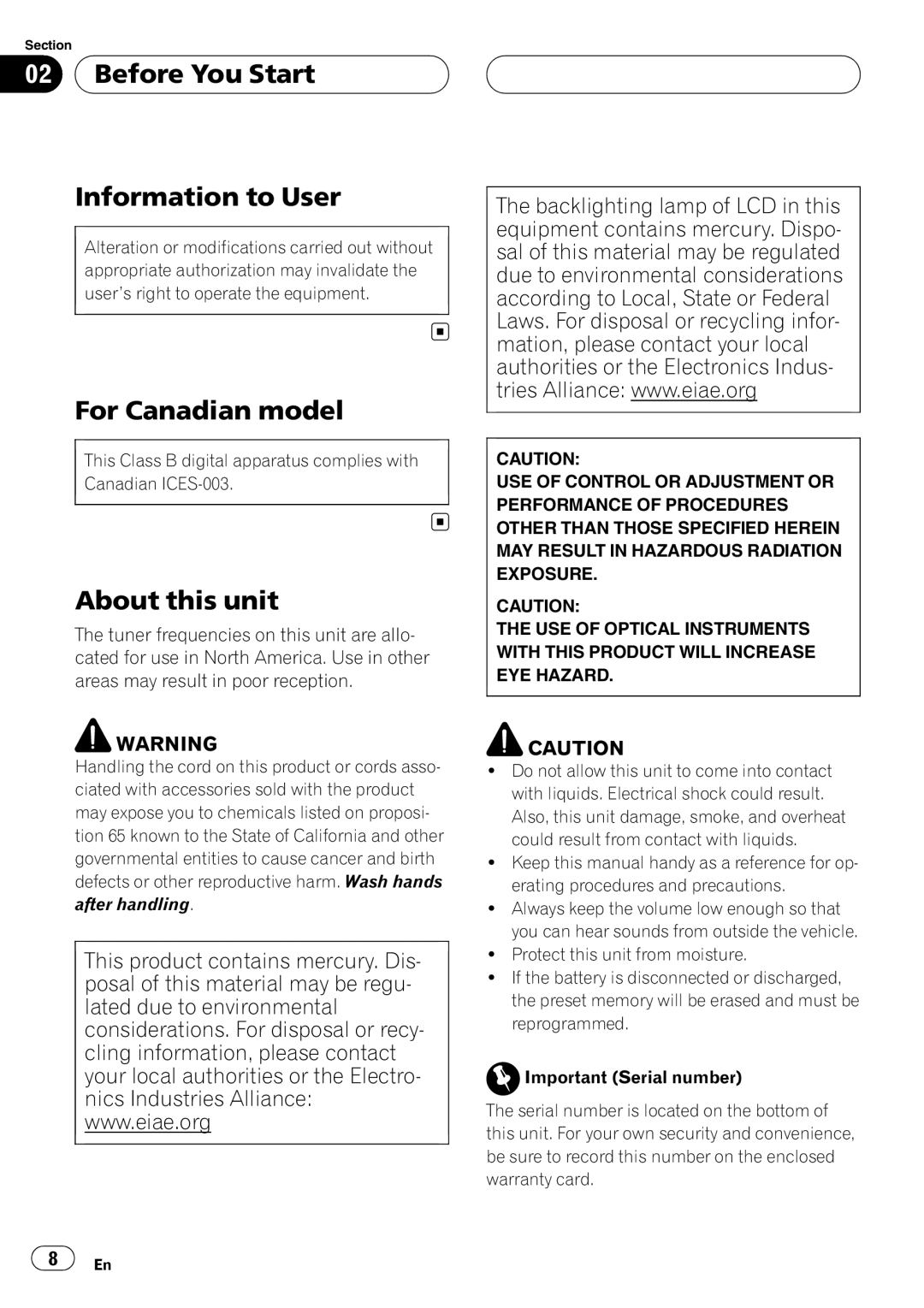 Pioneer AVH-P5900D operation manual Before You Start Information to User, For Canadian model, About this unit 