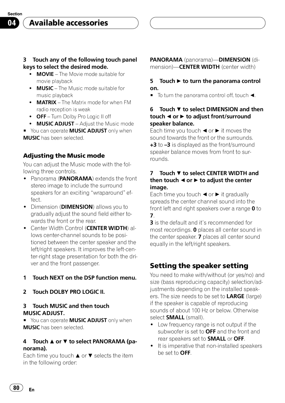 Pioneer AVH-P5900D operation manual Setting the speaker setting, Adjusting the Music mode, Music Adjust 