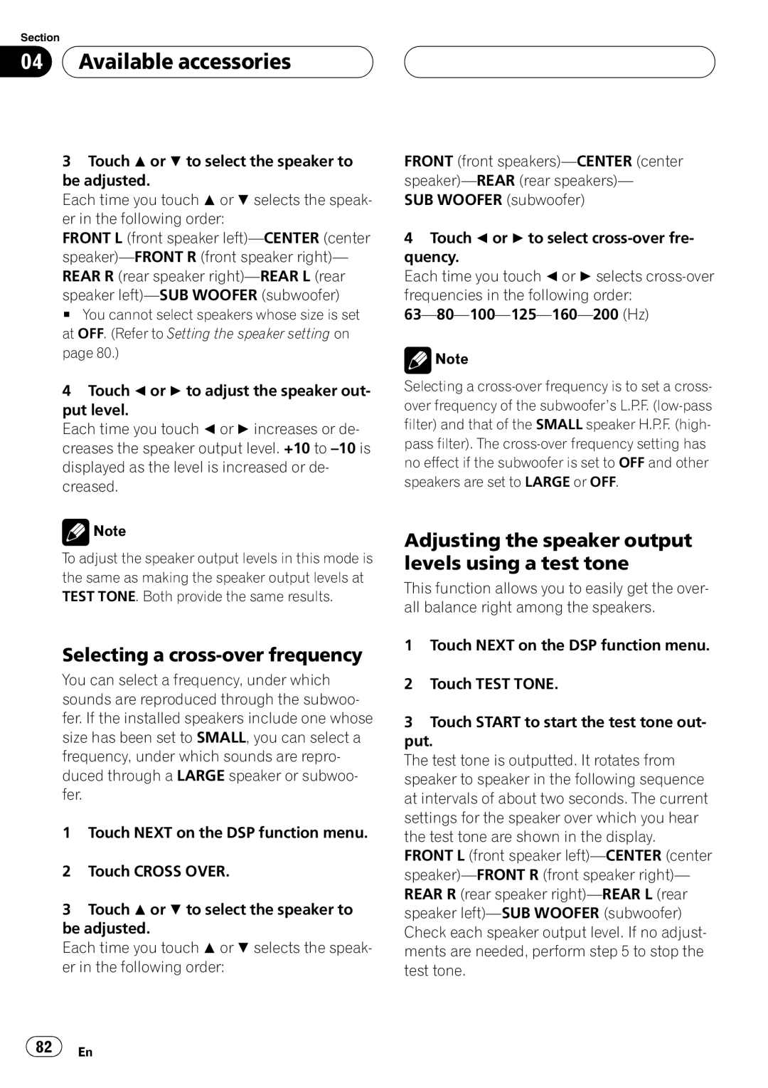 Pioneer AVH-P5900D operation manual Selecting a cross-over frequency, Adjusting the speaker output levels using a test tone 