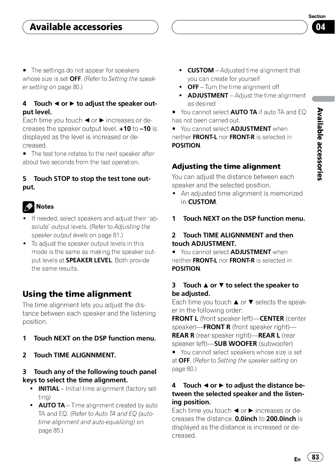 Pioneer AVH-P5900D operation manual Using the time alignment, Adjusting the time alignment, Position 