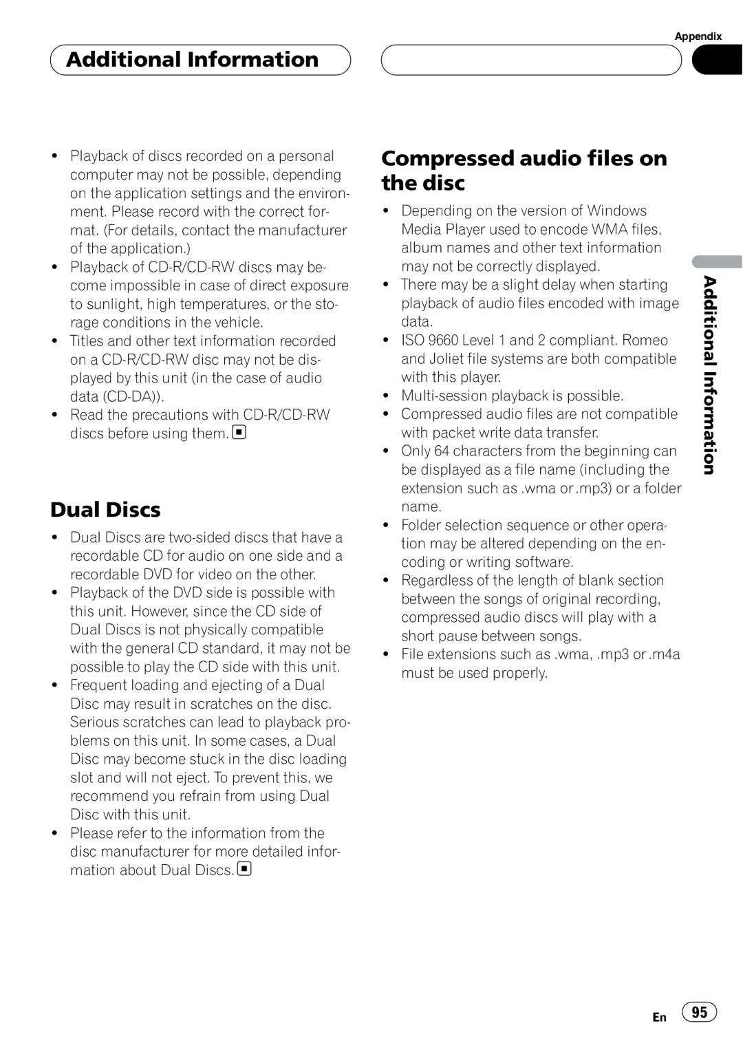 Pioneer AVH-P5900D operation manual Dual Discs, Compressed audio files on the disc 