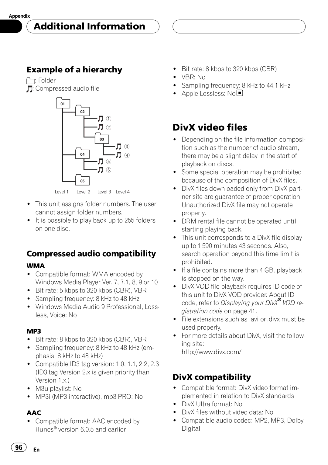 Pioneer AVH-P5900D DivX video files, Example of a hierarchy, Compressed audio compatibility, DivX compatibility 