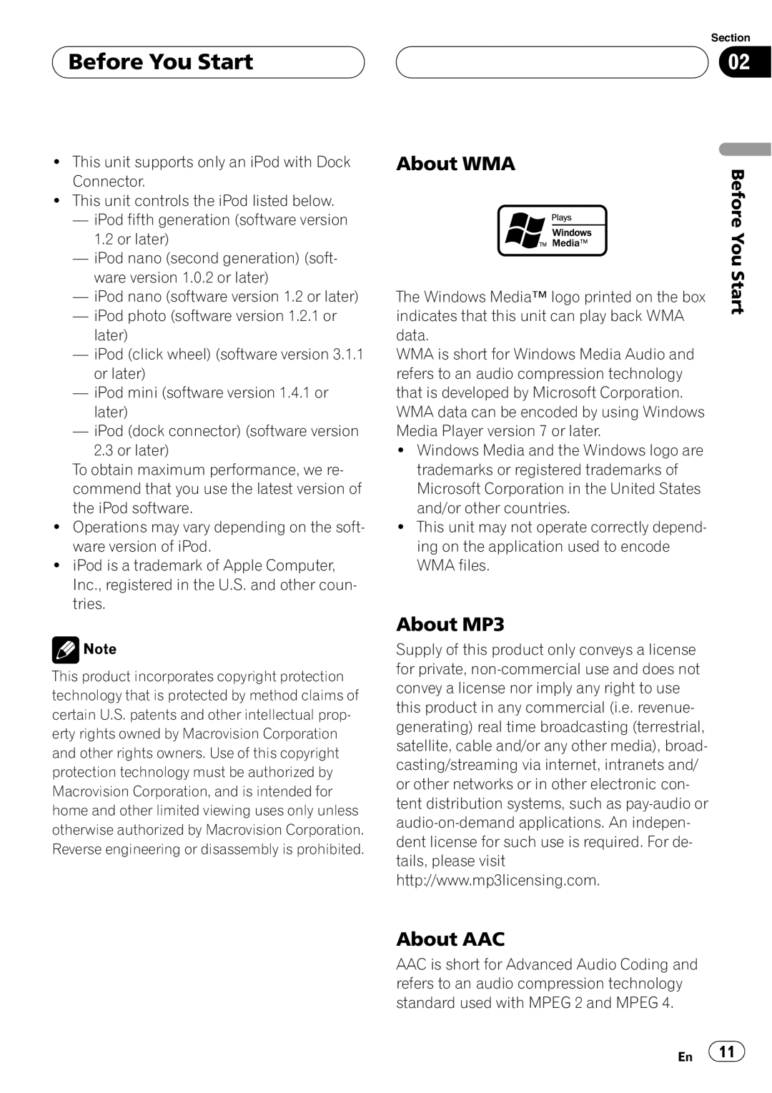 Pioneer AVH-P5900D operation manual About WMA, About MP3, About AAC, Before You Start 