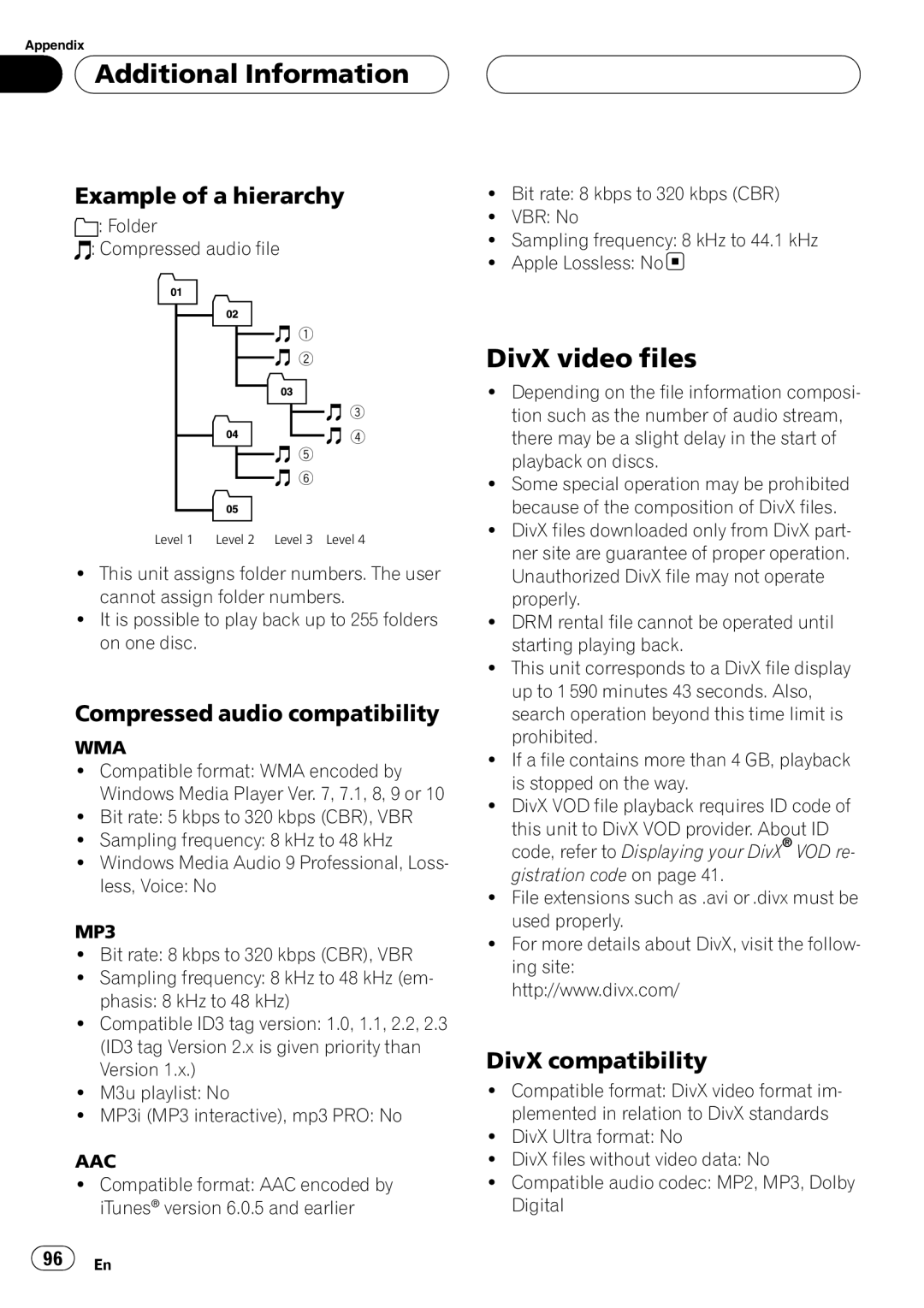Pioneer AVH-P5900D DivX video files, Example of a hierarchy, Compressed audio compatibility, DivX compatibility 