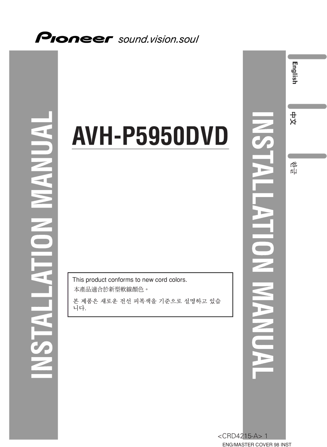 Pioneer AVH-P5950DVD installation manual Installation Manual, CRD4215-A 