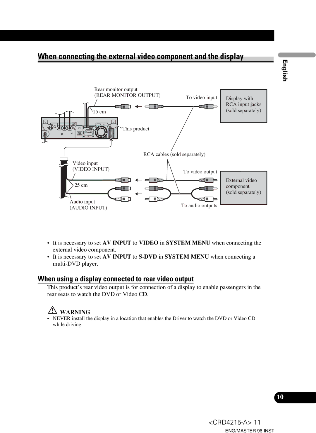 Pioneer AVH-P5950DVD installation manual When connecting the external video component and the display 