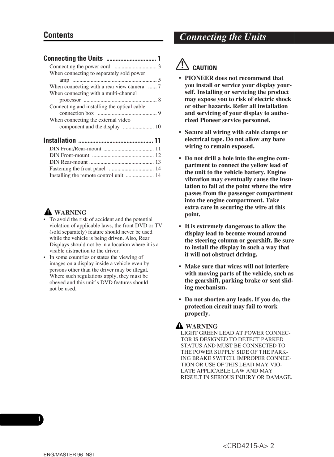 Pioneer AVH-P5950DVD installation manual Connecting the Units, Contents 