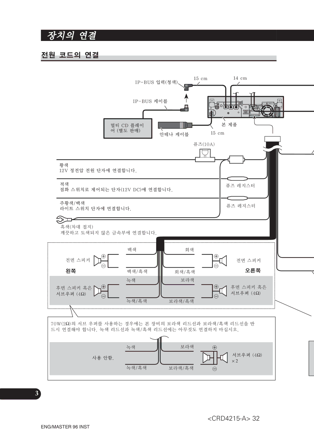 Pioneer AVH-P5950DVD installation manual 전원 코드의 연결, 오른쪽 