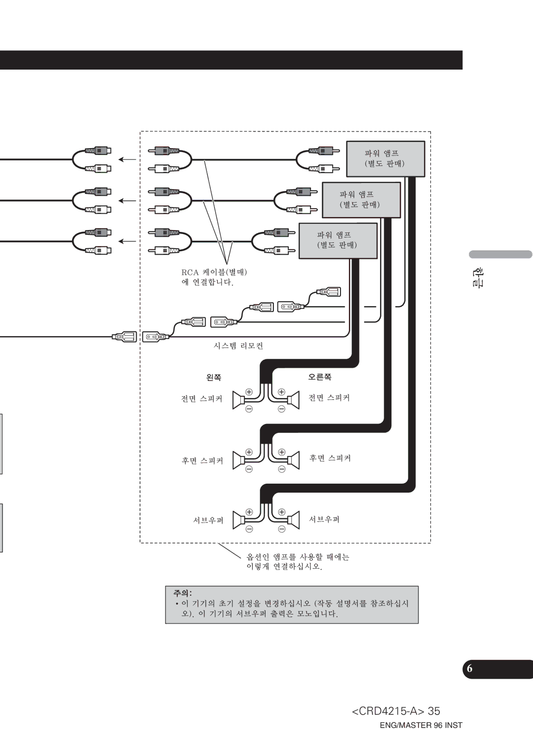 Pioneer AVH-P5950DVD installation manual Rca 케이블별매 에 연결합니다 시스템 리모컨 전면 스피커 후면 스피커 서브우퍼 파워 앰프 별도 판매 오른쪽 