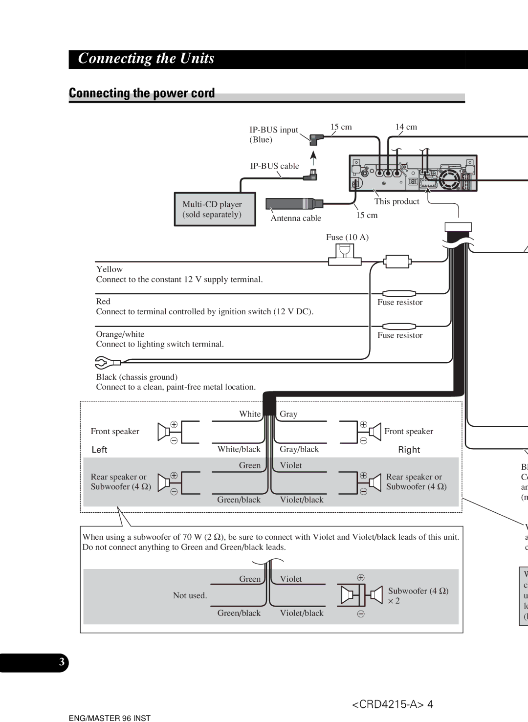 Pioneer AVH-P5950DVD installation manual Connecting the power cord, Left 