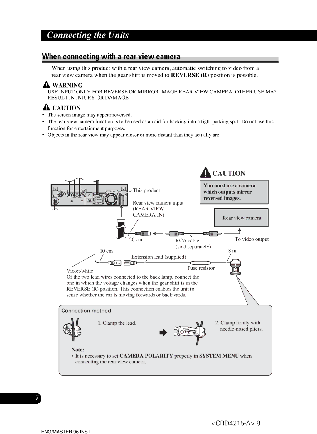 Pioneer AVH-P5950DVD installation manual When connecting with a rear view camera, Camera 