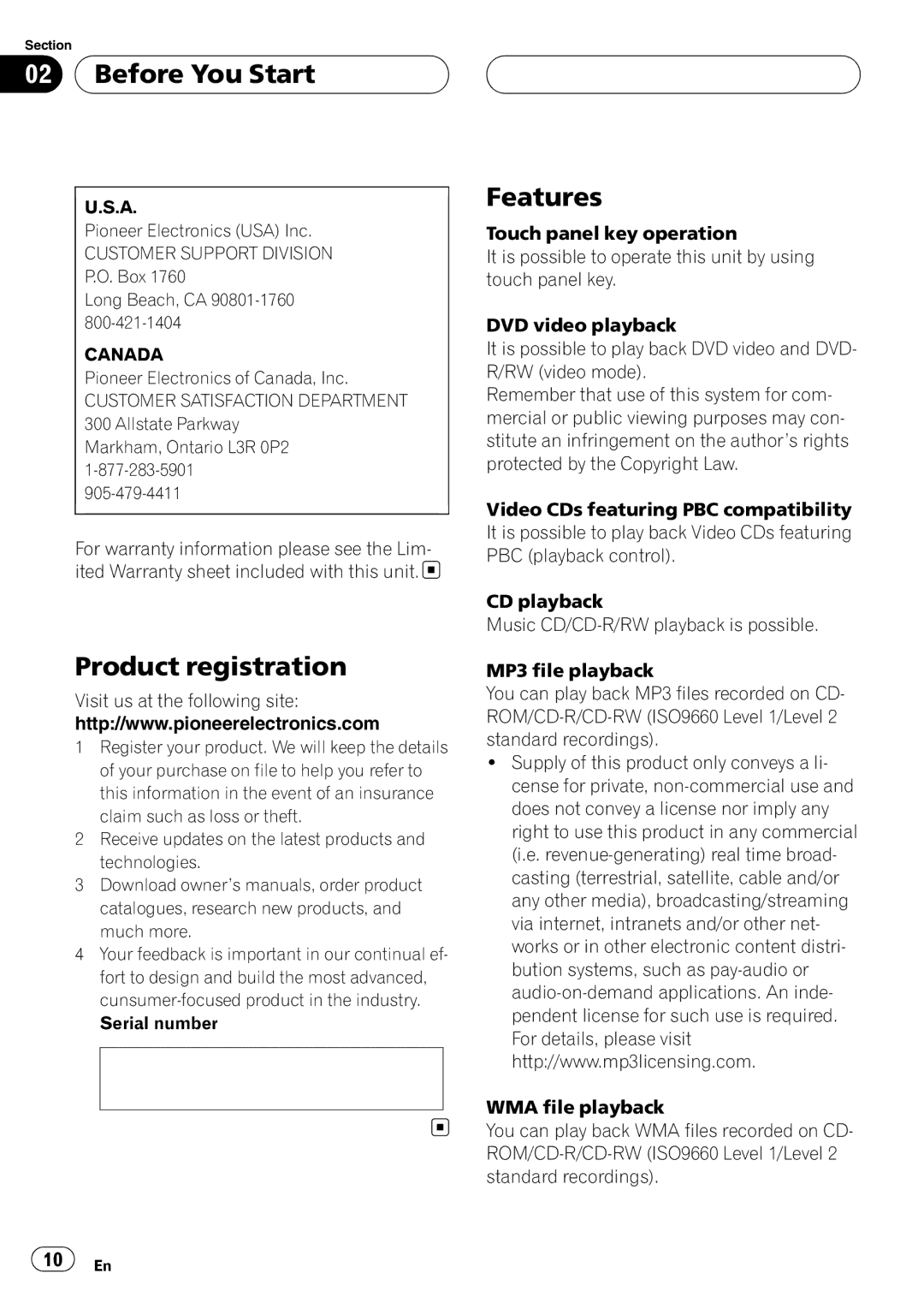 Pioneer AVH-P6000DVD operation manual Product registration, Features, Canada 