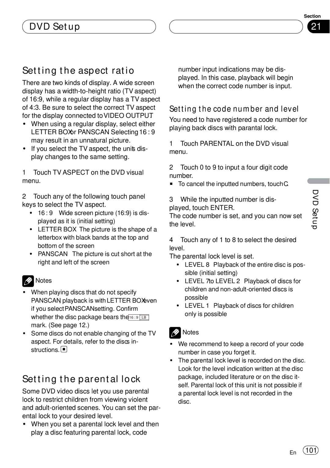 Pioneer AVH-P6000DVD DVD Setup Setting the aspect ratio, Setting the parental lock, Setting the code number and level 
