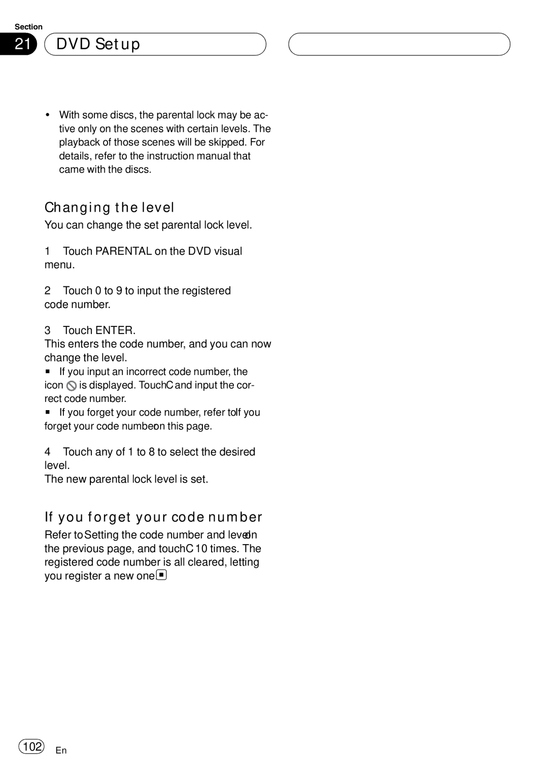 Pioneer AVH-P6000DVD operation manual DVD Setup, Changing the level, If you forget your code number, 102 En 