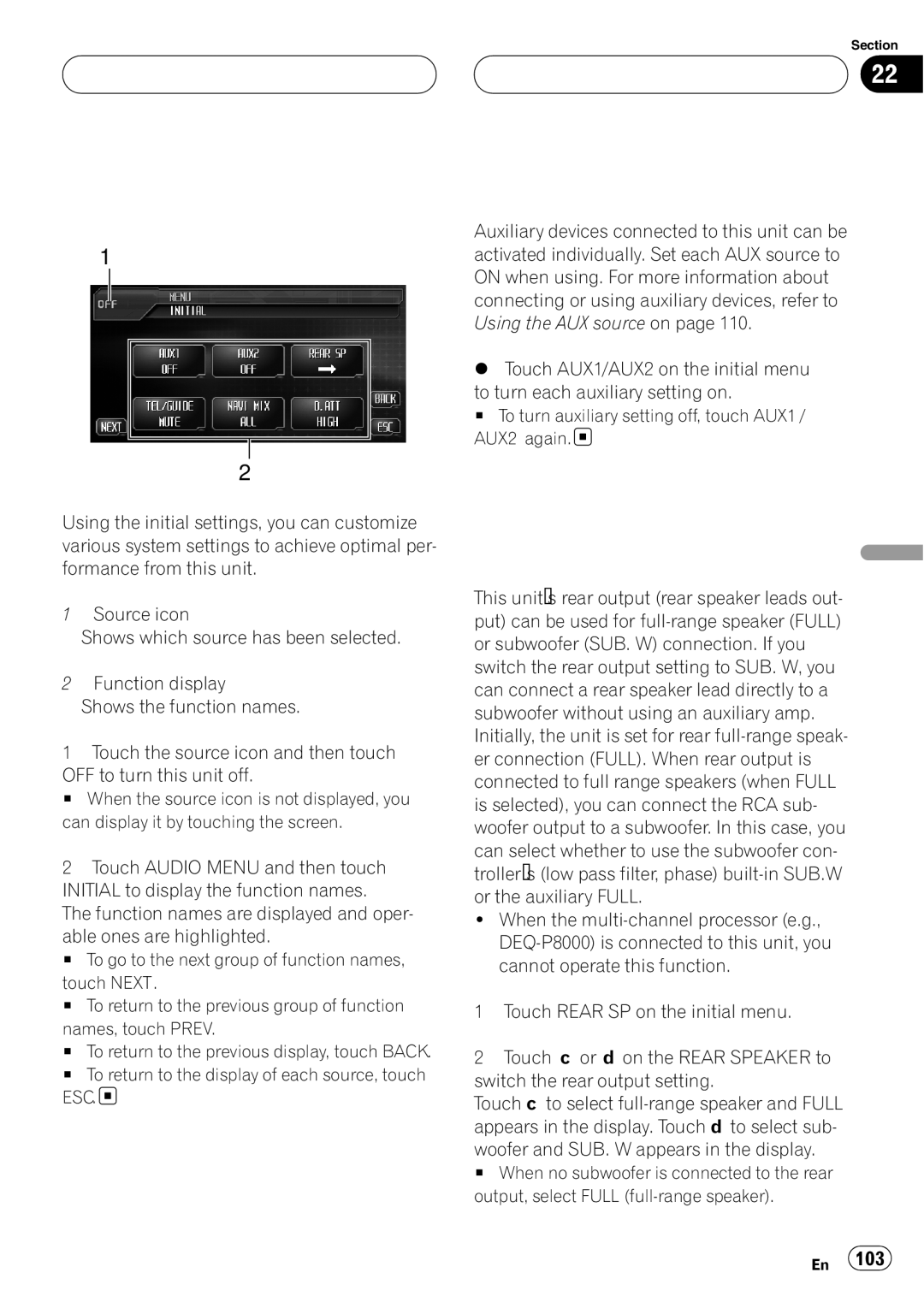 Pioneer AVH-P6000DVD operation manual Setting the rear output and subwoofer controller, Initial Setup 