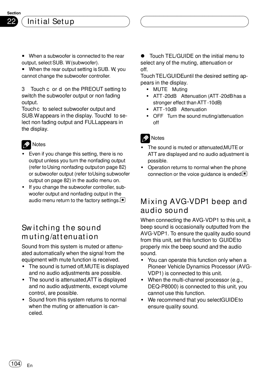 Pioneer AVH-P6000DVD Initial Setup, Switching the sound muting/attenuation, Mixing AVG-VDP1 beep and audio sound, 104 En 