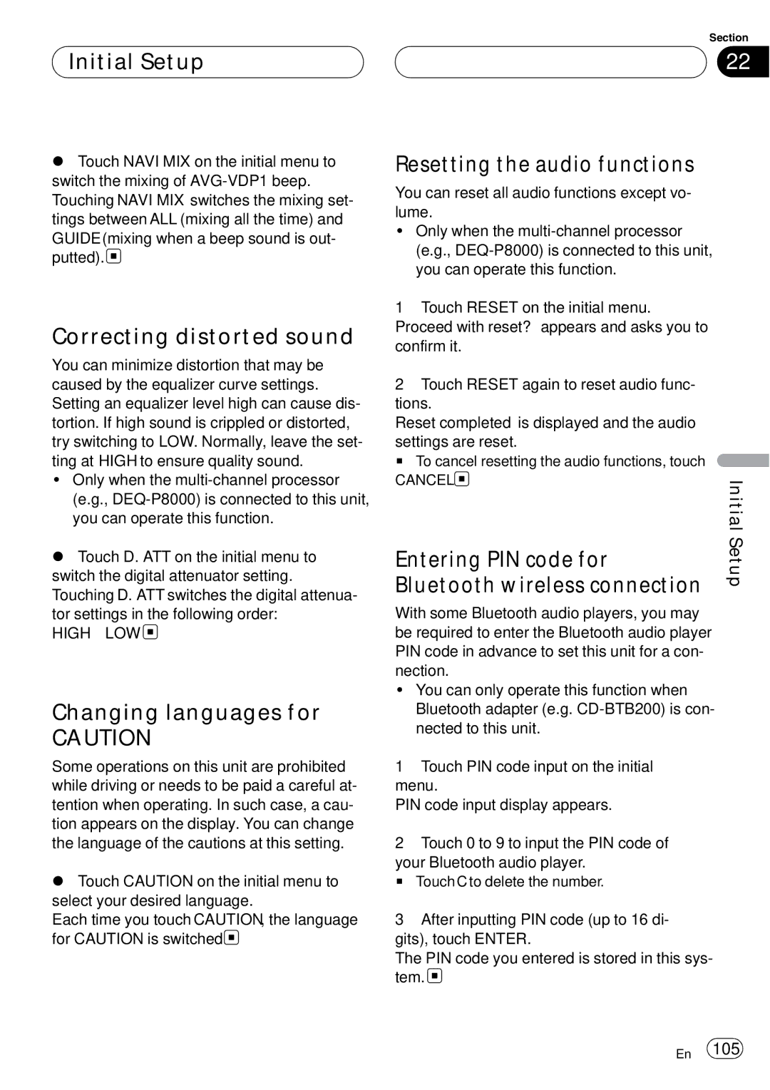 Pioneer AVH-P6000DVD operation manual Correcting distorted sound, Changing languages for, Resetting the audio functions 