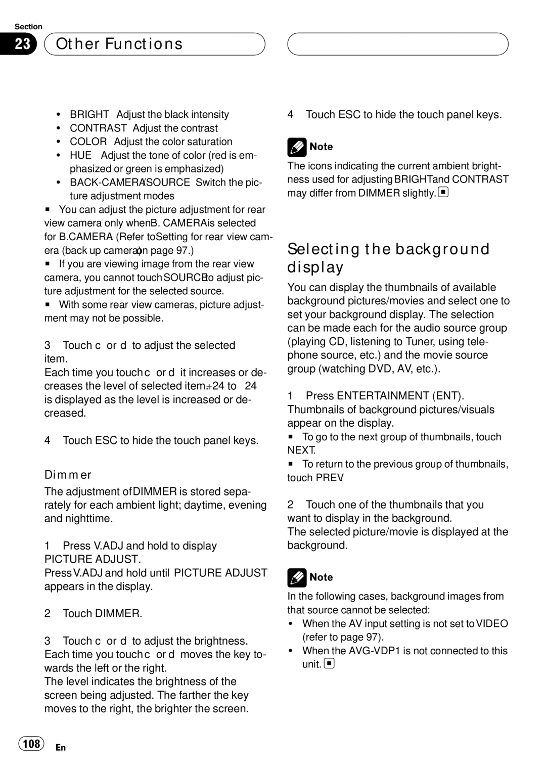 Pioneer AVH-P6000DVD operation manual Other Functions, Selecting the background display, Dimmer, 108 En 