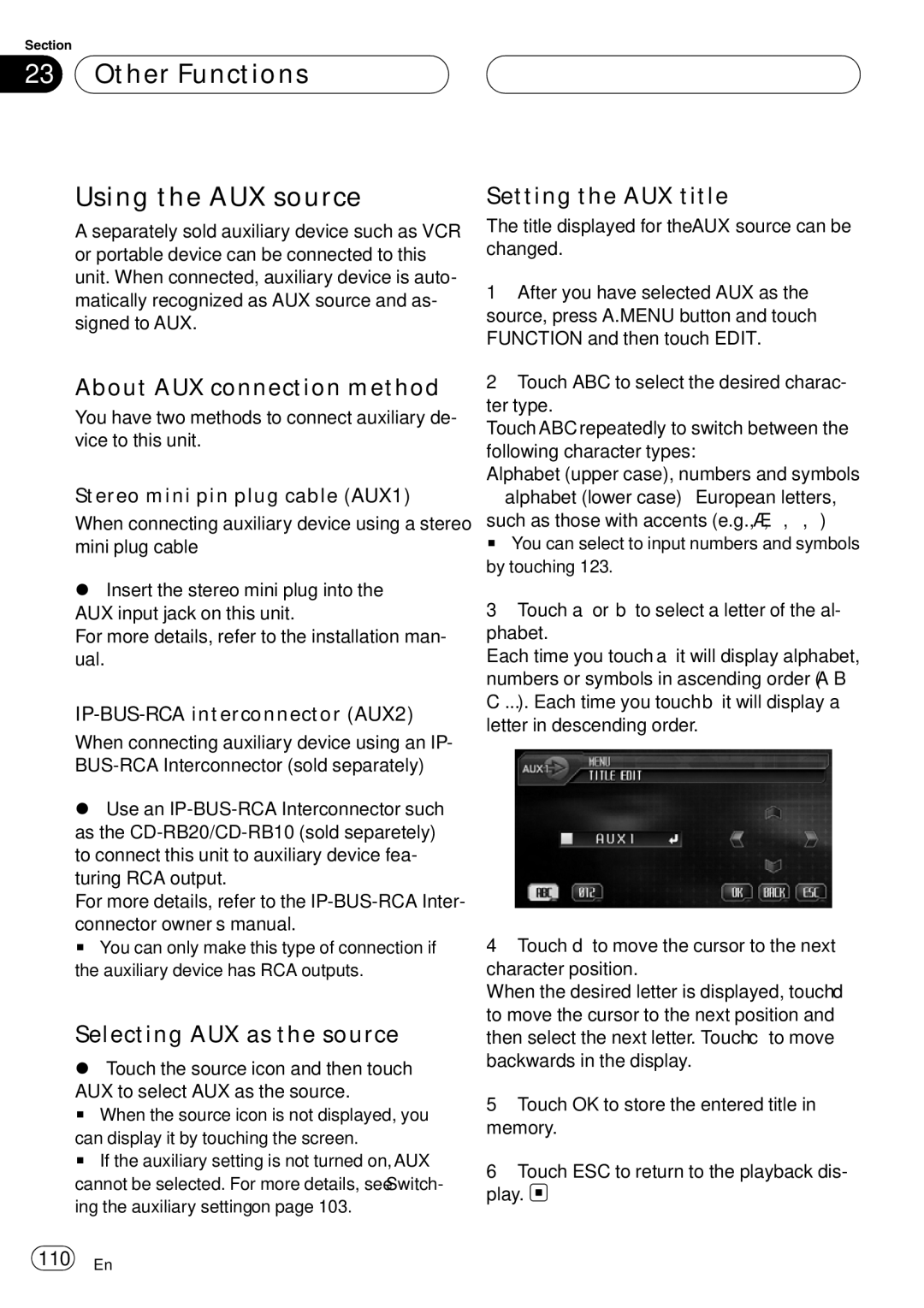 Pioneer AVH-P6000DVD Other Functions Using the AUX source, About AUX connection method, Selecting AUX as the source 