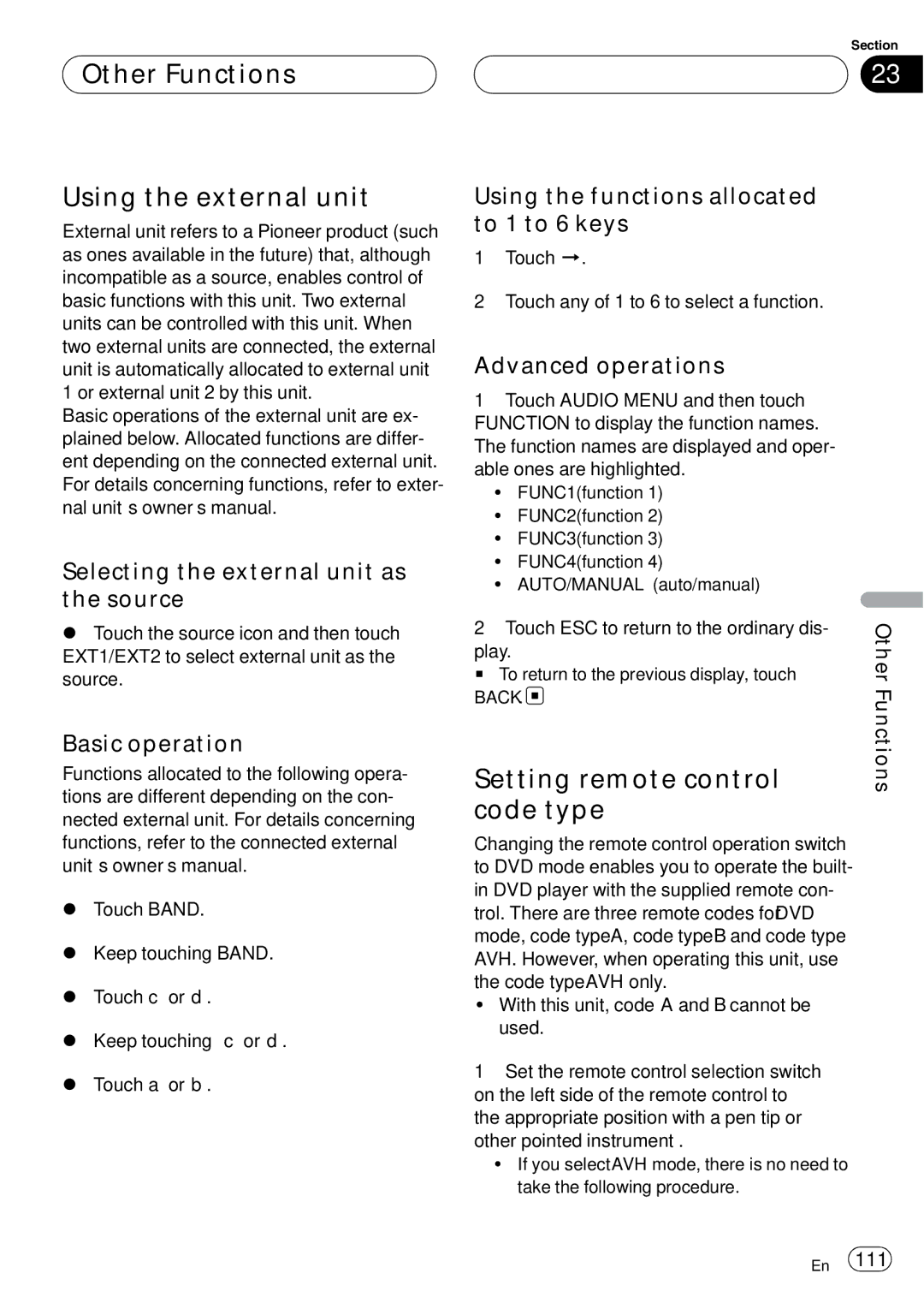 Pioneer AVH-P6000DVD operation manual Other Functions Using the external unit, Setting remote control, Code type 