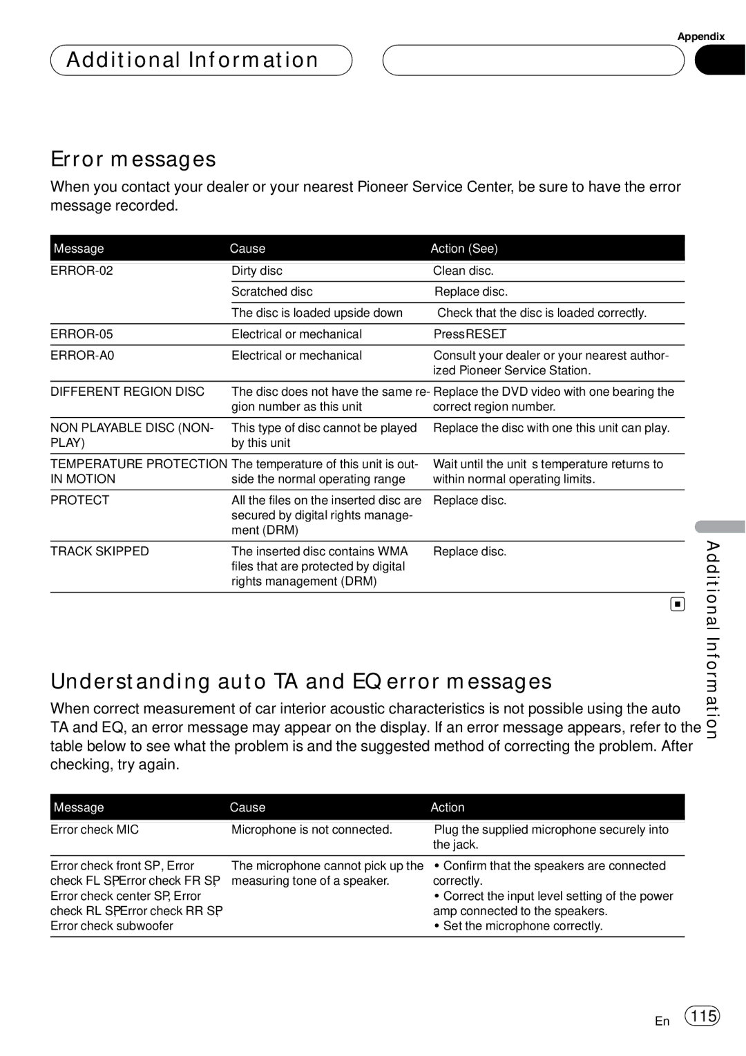 Pioneer AVH-P6000DVD operation manual Additional Information Error messages, Understanding auto TA and EQ error messages 