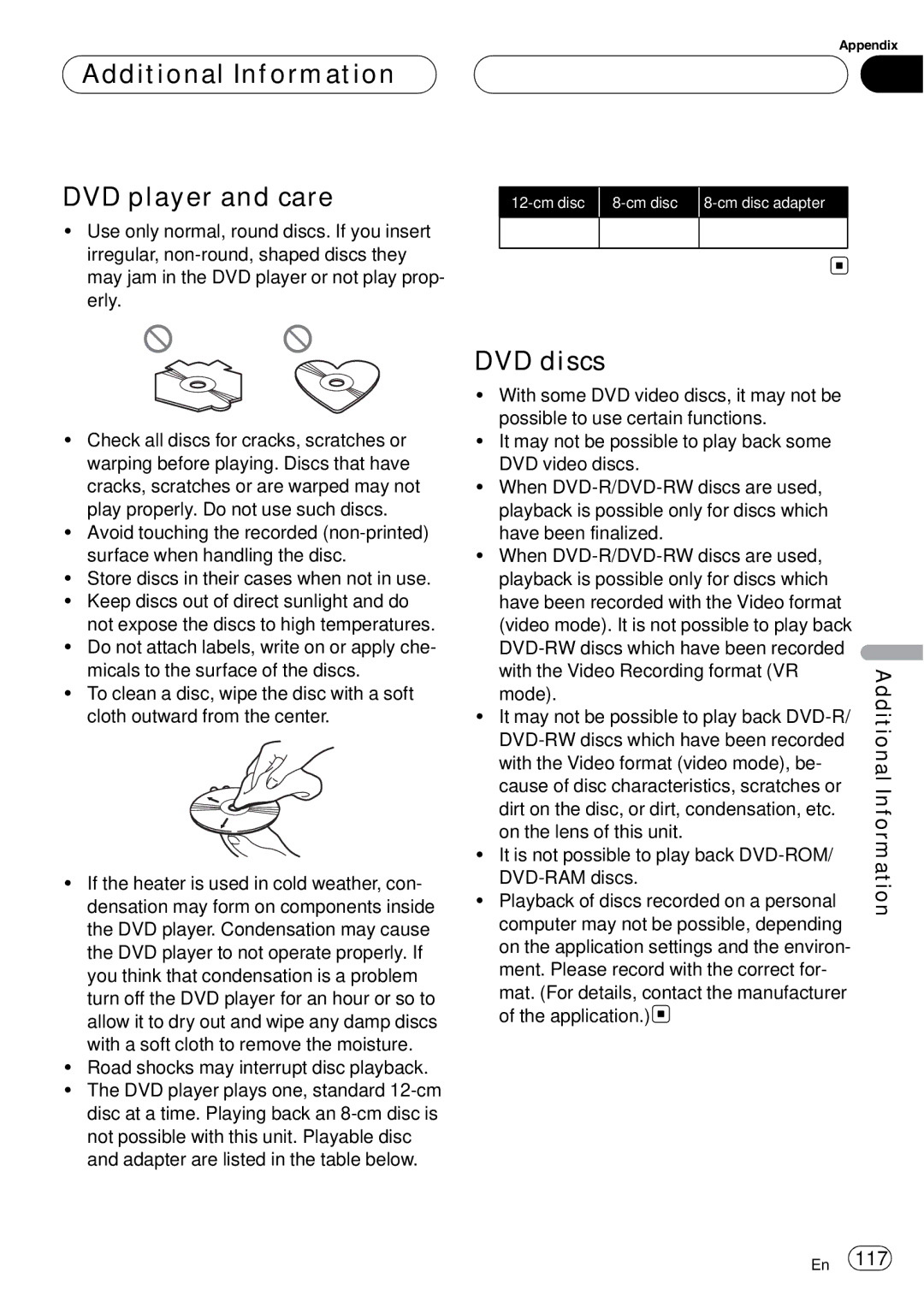 Pioneer AVH-P6000DVD operation manual Additional Information DVD player and care, DVD discs 