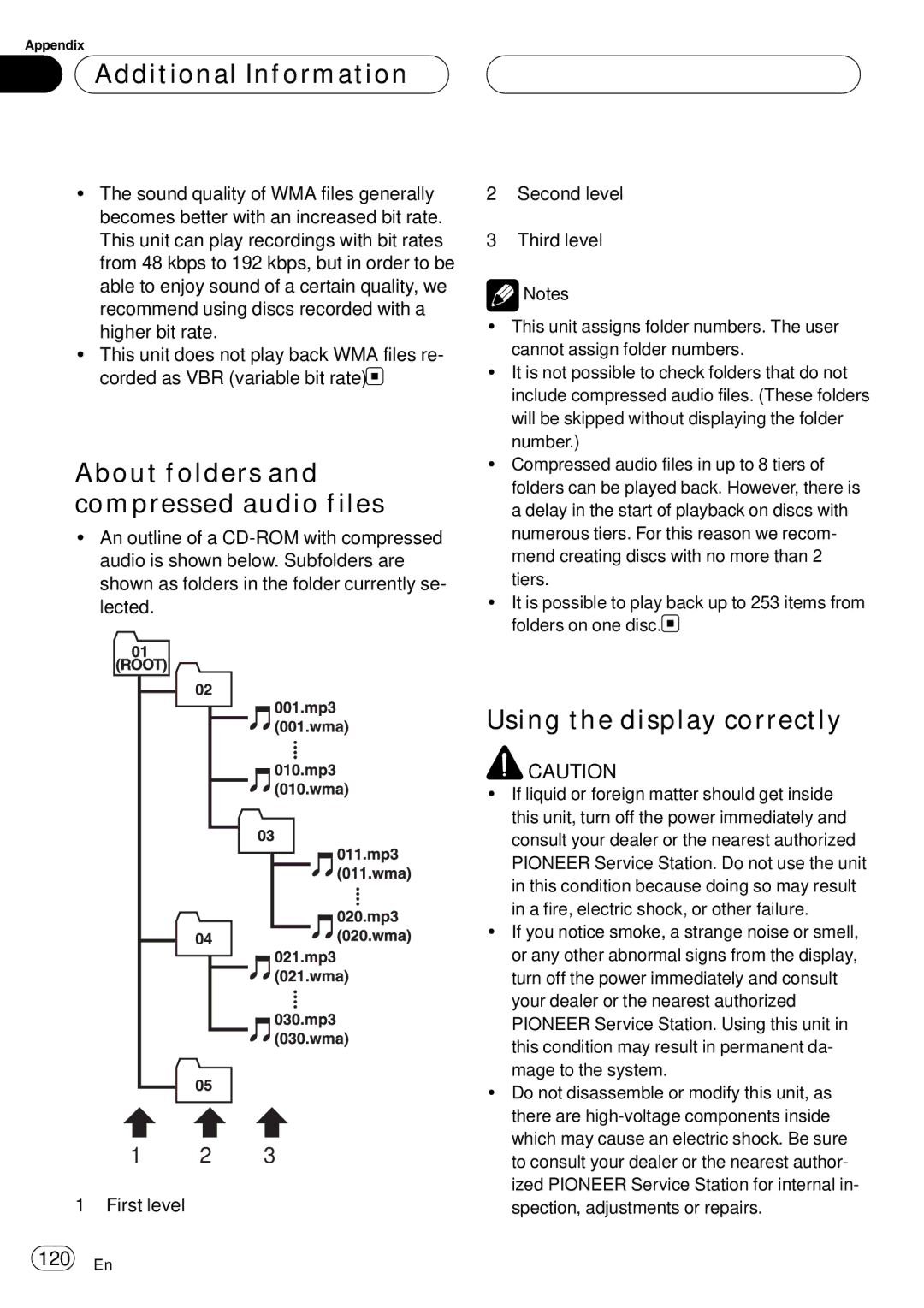 Pioneer AVH-P6000DVD operation manual About folders and compressed audio files, Using the display correctly, 120 En 