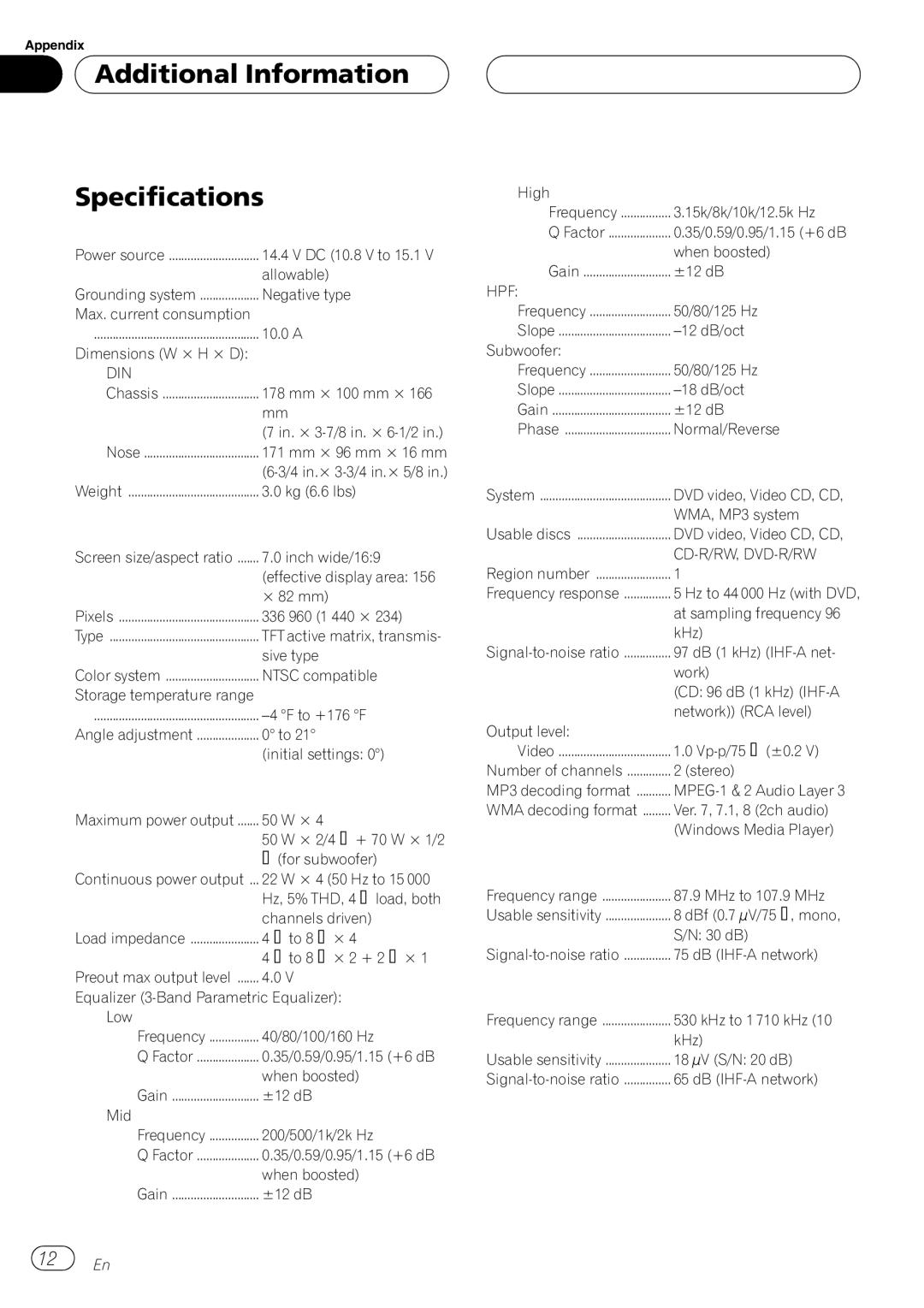 Pioneer AVH-P6000DVD operation manual Additional Information Specifications, 126 En 