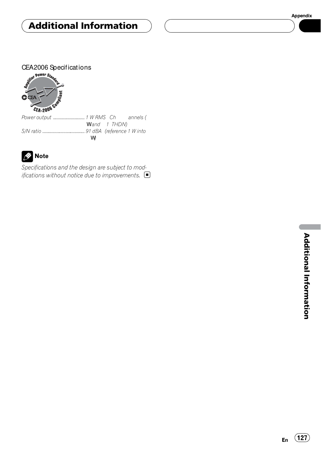 Pioneer AVH-P6000DVD operation manual CEA2006 Specifications 