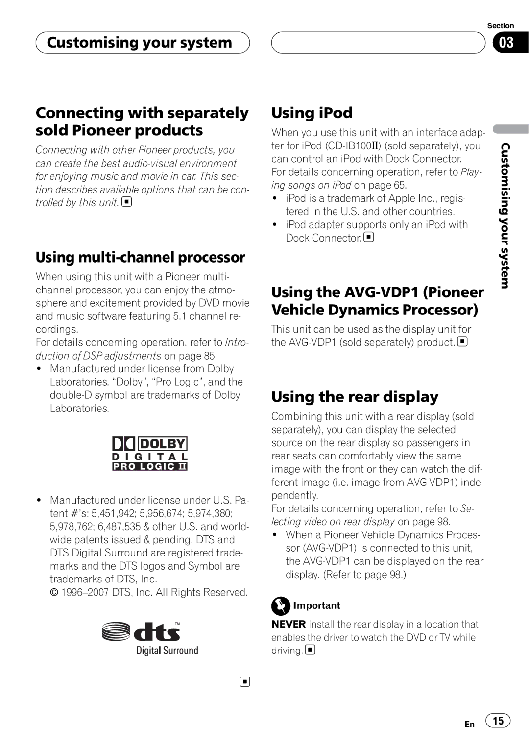 Pioneer AVH-P6000DVD operation manual Using multi-channel processor, Using iPod, Using the rear display 