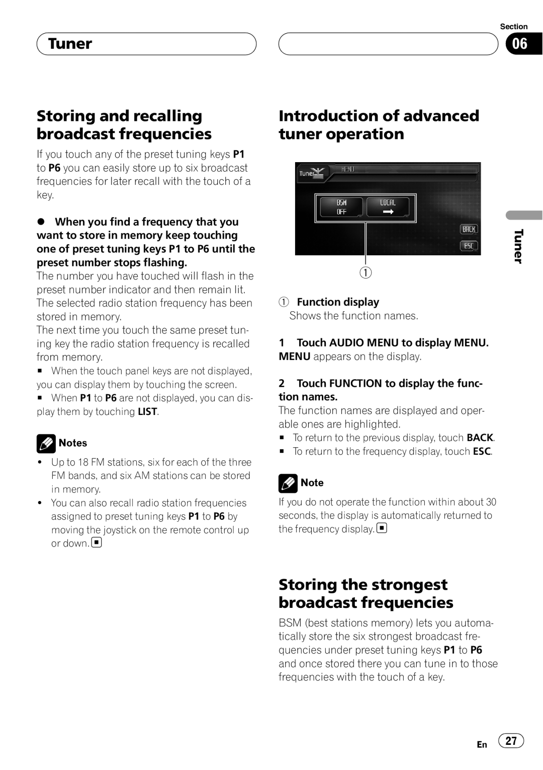 Pioneer AVH-P6000DVD Tuner Storing and recalling broadcast frequencies, Introduction of advanced tuner operation 