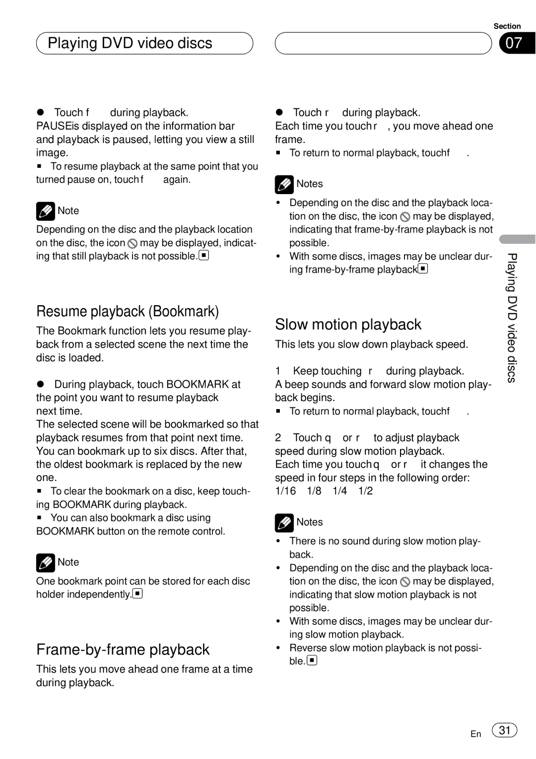 Pioneer AVH-P6000DVD Resume playback Bookmark, Frame-by-frame playback, Slow motion playback, Playing DVD, Discs 