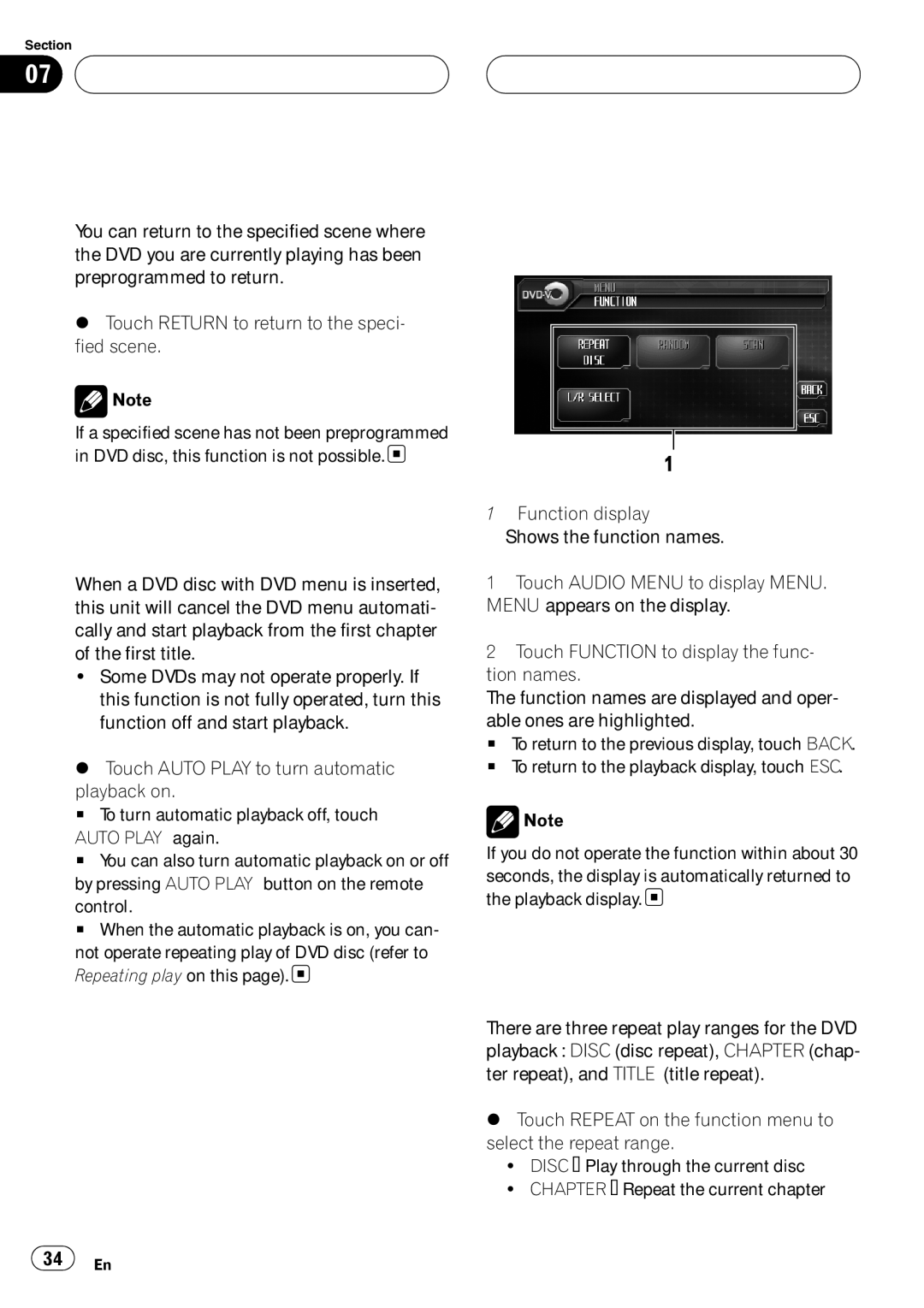 Pioneer AVH-P6000DVD Playing DVD video discs Return to the specified scene, Automatic playback of DVDs, Repeating play 