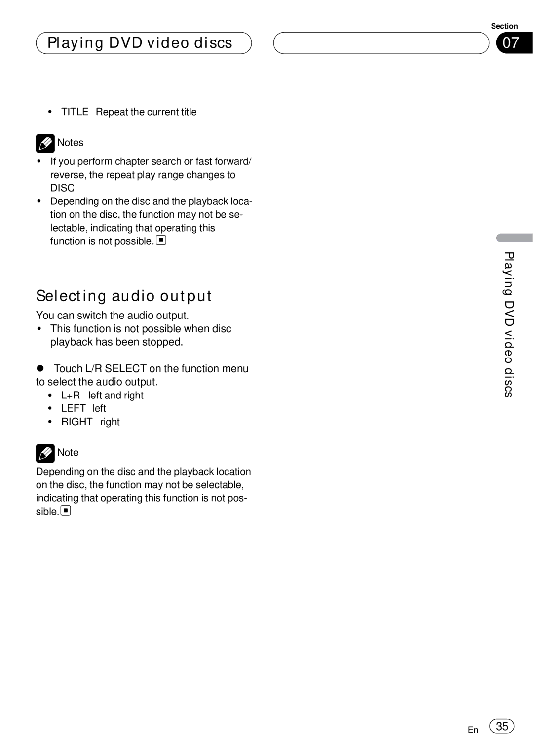 Pioneer AVH-P6000DVD operation manual Selecting audio output, Playing DVD video discs 