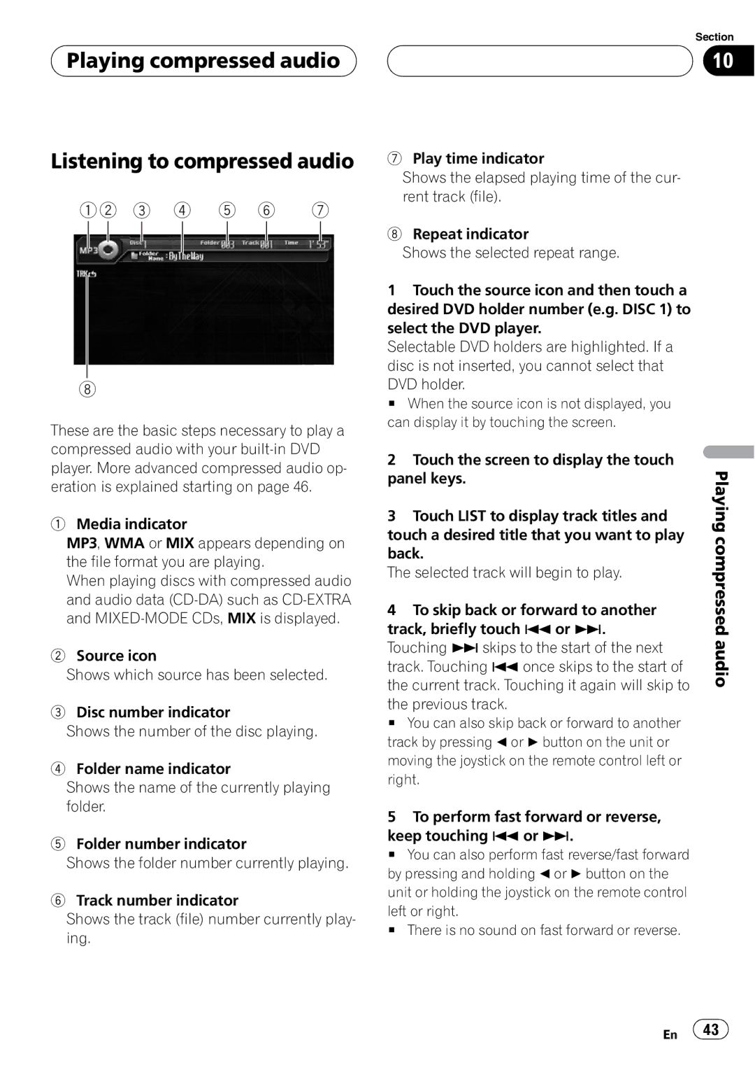 Pioneer AVH-P6000DVD operation manual Playing compressed audio Listening to compressed audio, 12 3 4 5 6 