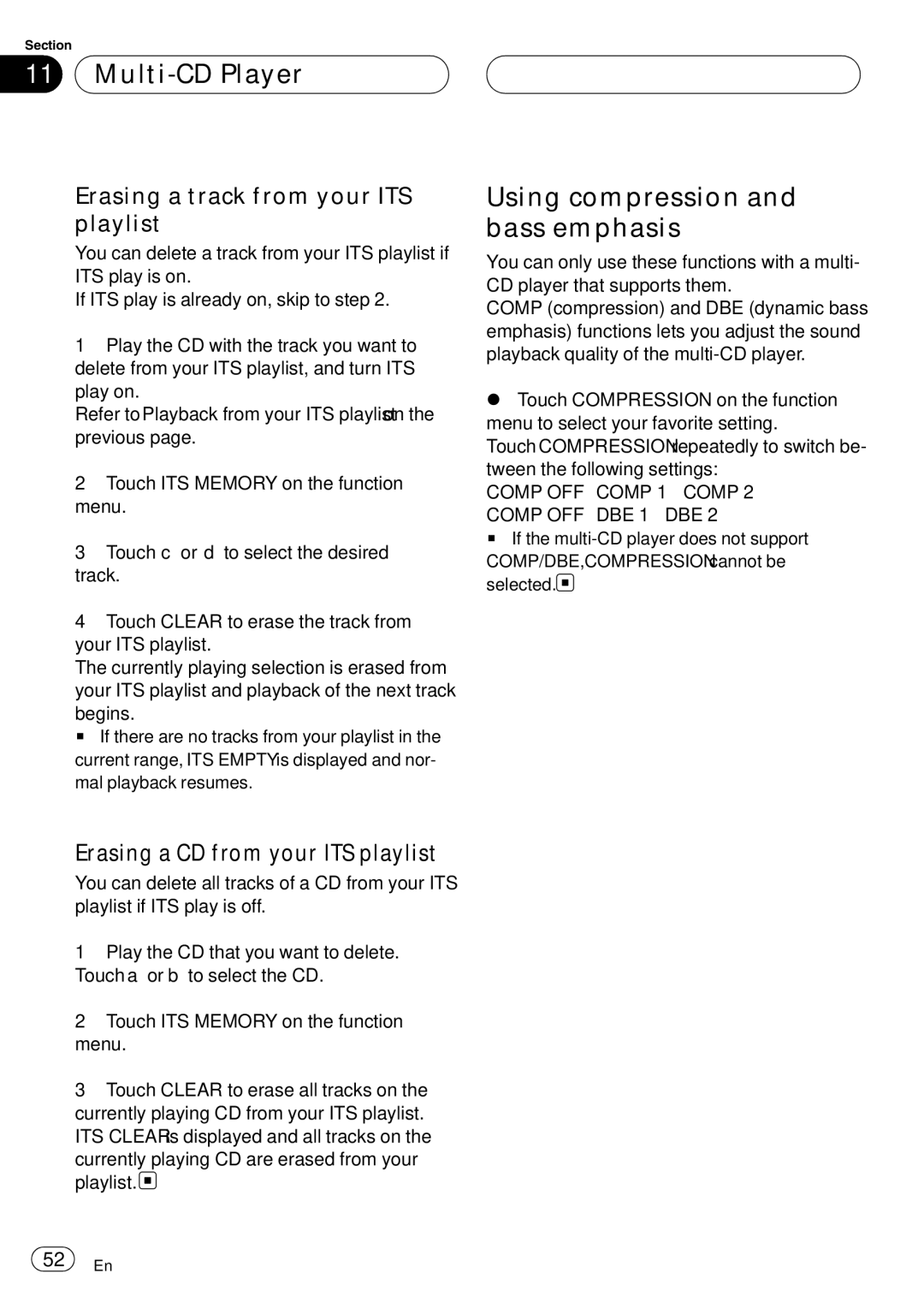 Pioneer AVH-P6000DVD operation manual Using compression and bass emphasis, Erasing a track from your ITS playlist 