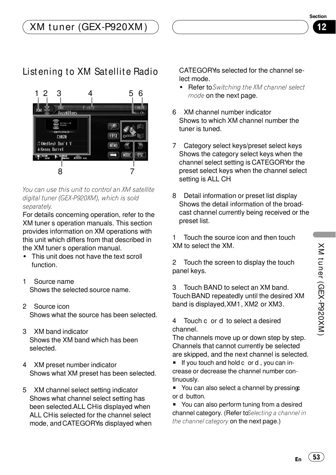 Pioneer AVH-P6000DVD operation manual XM tuner GEX-P920XM Listening to XM Satellite Radio, Gex 