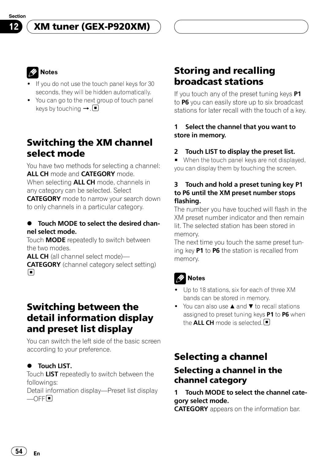 Pioneer AVH-P6000DVD XM tuner GEX-P920XM, Switching the XM channel select mode, Storing and recalling broadcast stations 