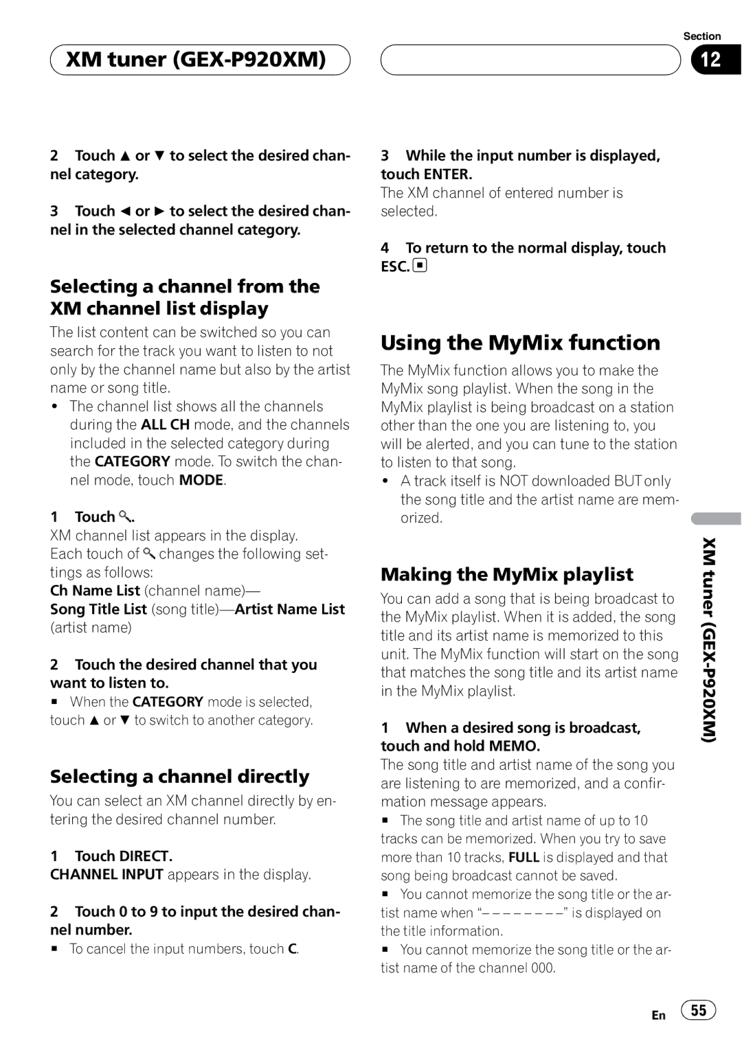 Pioneer AVH-P6000DVD operation manual Using the MyMix function, Selecting a channel from the XM channel list display, Tuner 